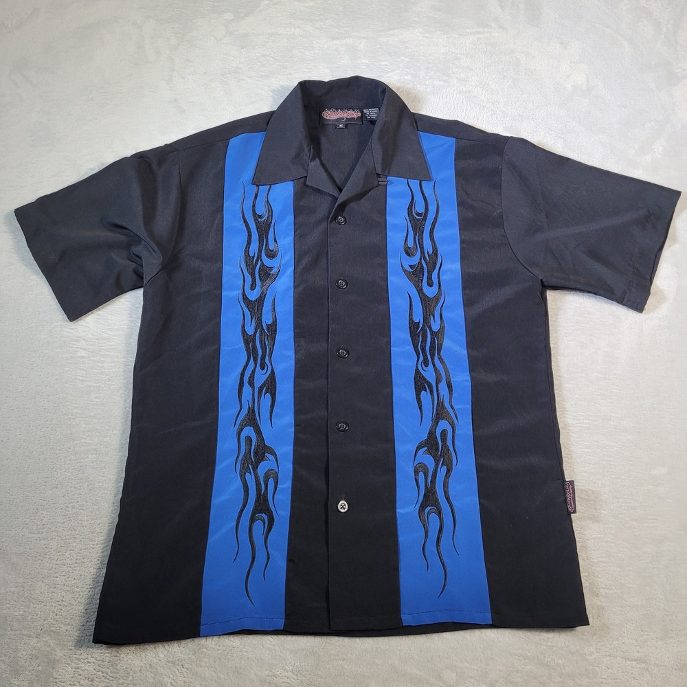 Sapphire Lounge Shirt Mens Medium Black Blue Flame Bowling Rockabilly Button Up